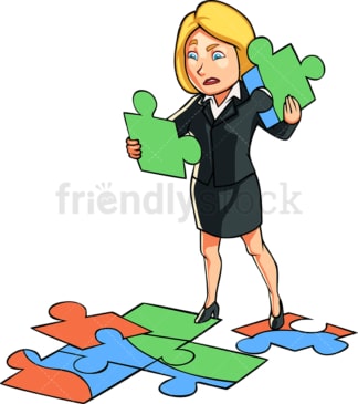 Business woman trying to solve puzzle. PNG - JPG and vector EPS file formats (infinitely scalable). Image isolated on transparent background.