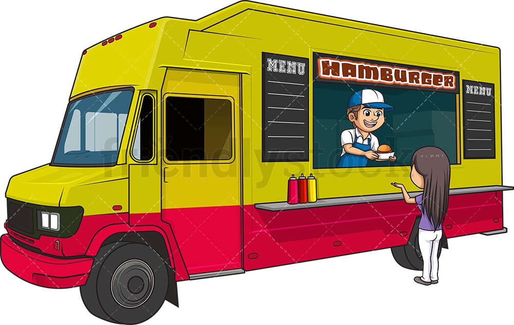 Hamburger Food Truck With Customer Cartoon Clipart Vector