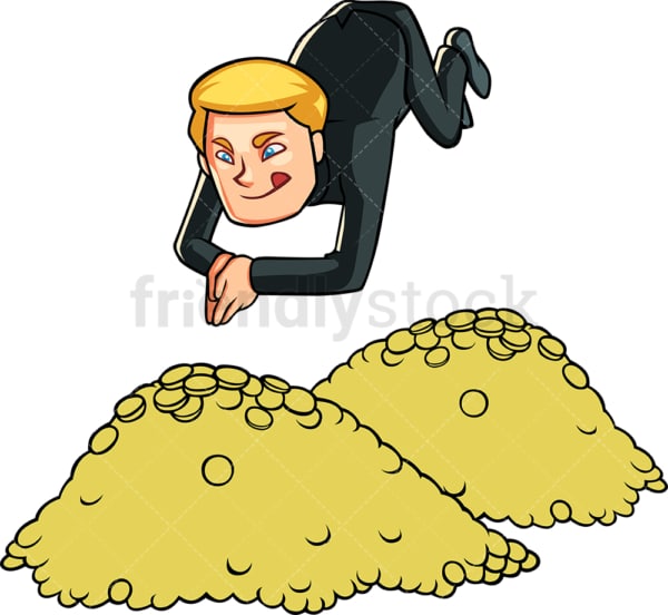 Businessman diving in gold coins. PNG - JPG and vector EPS file formats (infinitely scalable). Image isolated on transparent background.