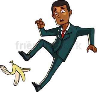 Black business man slipping on a banana. PNG - JPG and vector EPS file formats (infinitely scalable). Image isolated on transparent background.