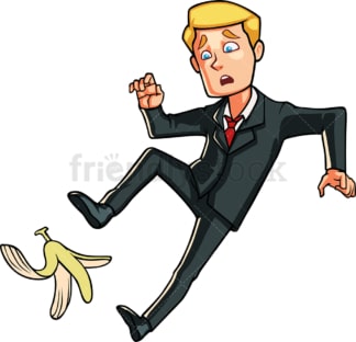Business man slipping on a banana peel. PNG - JPG and vector EPS file formats (infinitely scalable). Image isolated on transparent background.