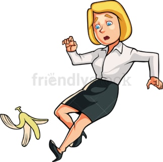 Business woman tripping on banana peel. PNG - JPG and vector EPS file formats (infinitely scalable). Image isolated on transparent background.