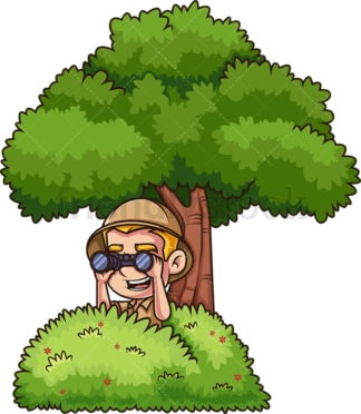 Jungle explorer hiding behind bush. PNG - JPG and vector EPS (infinitely scalable).