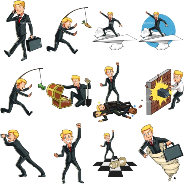 9 business themed vector images of a caucasian businessman. PNG - JPG and vector EPS file formats (infinitely scalable). Images isolated on transparent background.