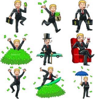 9 money cartoon images of a wealthy man. PNG - JPG and vector EPS file formats (infinitely scalable). Images isolated on transparent background.