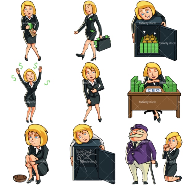 9 money themed vector images of a businesswoman. PNG - JPG and vector EPS file formats (infinitely scalable). Images isolated on transparent background.