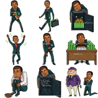 9 money themed vectors of a black businessman. PNG - JPG and vector EPS file formats (infinitely scalable). Images isolated on transparent background.