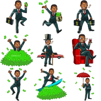9 money vector images of a rich black man. PNG - JPG and vector EPS file formats (infinitely scalable). Images isolated on transparent background.