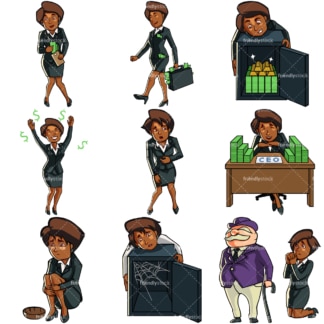 9 money vectors of a black businesswoman. PNG - JPG and vector EPS file formats (infinitely scalable). Images isolated on transparent background.