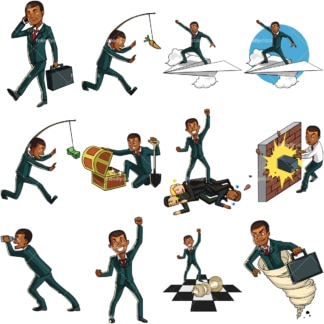 9 vector graphics of a black businessman collection #6. PNG - JPG and vector EPS file formats (infinitely scalable). Images isolated on transparent background.