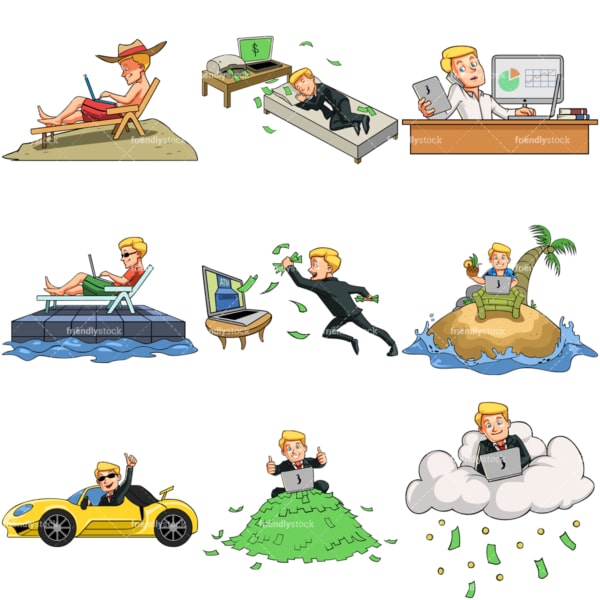 9 vector images of a young internet entrepreneur. PNG - JPG and vector EPS file formats (infinitely scalable). Images isolated on transparent background.
