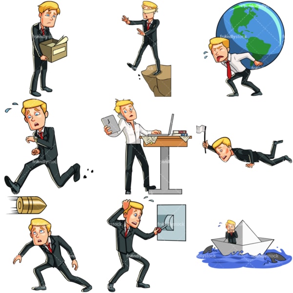 9 vectors of a male professional in challenging situations. PNG - JPG and vector EPS file formats (infinitely scalable). Images isolated on transparent background.