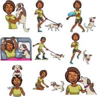 African-American woman spending time with dog. PNG - JPG and vector EPS file formats (infinitely scalable). Images isolated on transparent background.