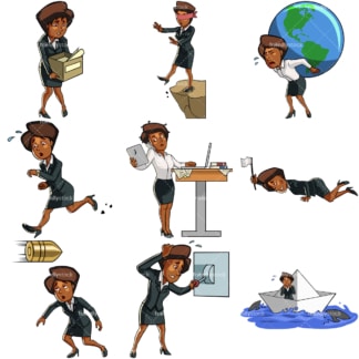Black female professional in difficult situations. PNG - JPG and vector EPS file formats (infinitely scalable). Images isolated on transparent background.