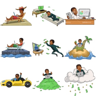 Black online entrepreneur enjoying success. PNG - JPG and vector EPS file formats (infinitely scalable). Images isolated on transparent background.