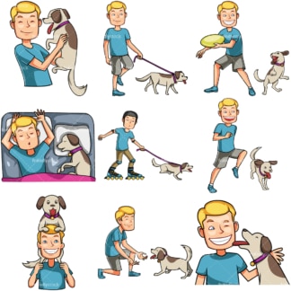 Man spending quality time with dog. PNG - JPG and vector EPS file formats (infinitely scalable). Images isolated on transparent background.