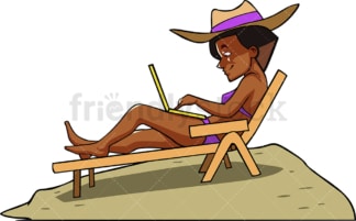 Black woman working with laptop at the beach. PNG - JPG and vector EPS file formats (infinitely scalable). Image isolated on transparent background.