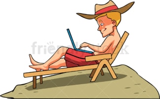 Man working remotely while at beach. PNG - JPG and vector EPS file formats (infinitely scalable). Image isolated on transparent background.