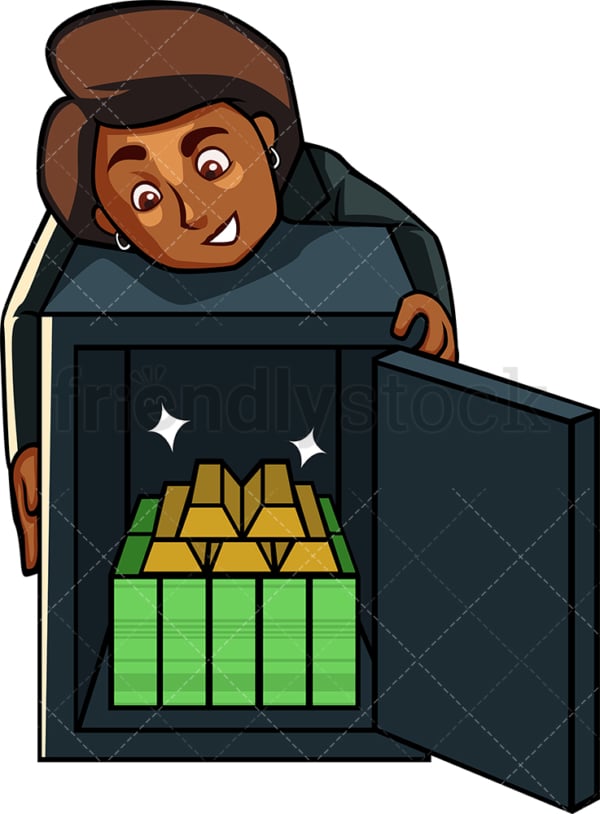Black businesswoman with rich safe. PNG - JPG and vector EPS file formats (infinitely scalable). Image isolated on transparent background.