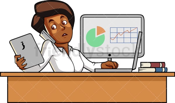 Black woman juggling multiple responsibilities. PNG - JPG and vector EPS file formats (infinitely scalable). Image isolated on transparent background.