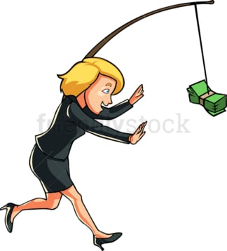 Businesswoman chasing cash on a stick. PNG - JPG and vector EPS file formats (infinitely scalable). Image isolated on transparent background.