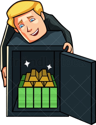 Greedy business man hugging safe. PNG - JPG and vector EPS file formats (infinitely scalable). Image isolated on transparent background.