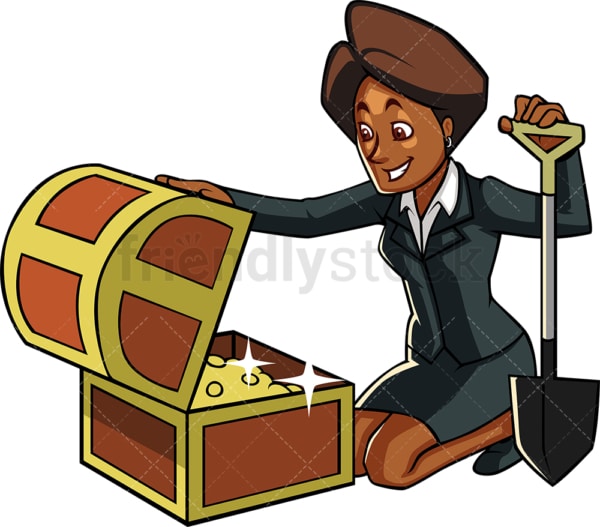 Black businesswoman with treasure chest. PNG - JPG and vector EPS file formats (infinitely scalable). Image isolated on transparent background.
