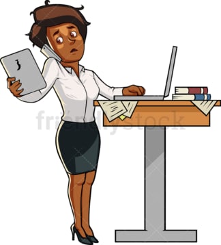 Black business woman multitasking. PNG - JPG and vector EPS file formats (infinitely scalable). Image isolated on transparent background.