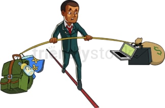 Black businessman balances work and home. PNG - JPG and vector EPS file formats (infinitely scalable). Image isolated on transparent background.