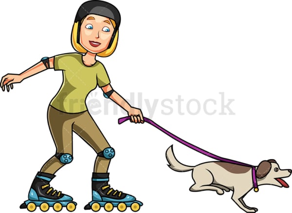 Woman roller skating with energetic dog. PNG - JPG and vector EPS file formats (infinitely scalable). Image isolated on transparent background.