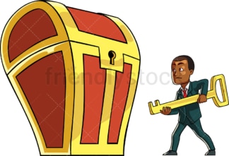 Black businessman to unlock treasure chest. PNG - JPG and vector EPS file formats (infinitely scalable). Image isolated on transparent background.