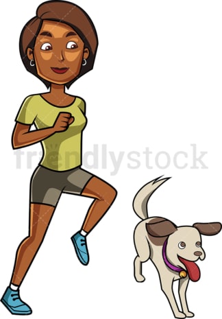 Black woman and dog jogging. PNG - JPG and vector EPS file formats (infinitely scalable). Image isolated on transparent background.