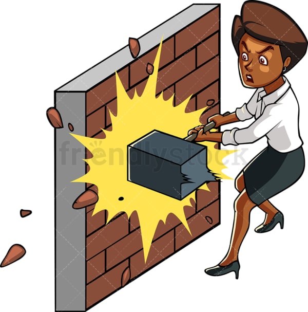 Black woman hammering brick wall. PNG - JPG and vector EPS file formats (infinitely scalable). Image isolated on transparent background.