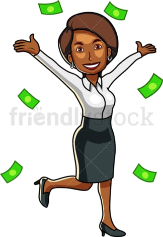 Money raining down black business woman. PNG - JPG and vector EPS file formats (infinitely scalable). Image isolated on transparent background.