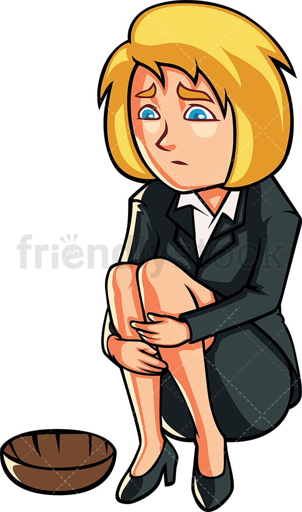 Poor businesswoman begging for money. PNG - JPG and vector EPS file formats (infinitely scalable). Image isolated on transparent background.