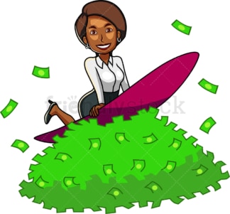 Black businesswoman surfing on money. PNG - JPG and vector EPS file formats (infinitely scalable). Image isolated on transparent background.