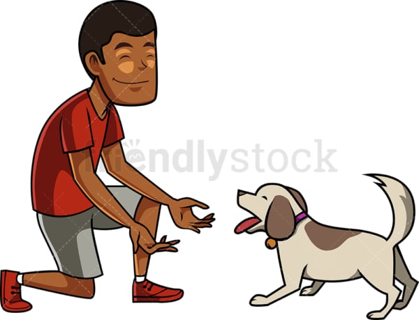 Black man interacting with his dog. PNG - JPG and vector EPS file formats (infinitely scalable). Image isolated on transparent background.
