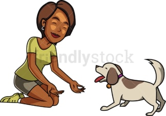 Black woman and dog playing together. PNG - JPG and vector EPS file formats (infinitely scalable). Image isolated on transparent background.