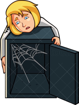 Businesswoman with cobweb-filled safe. PNG - JPG and vector EPS file formats (infinitely scalable). Image isolated on transparent background.