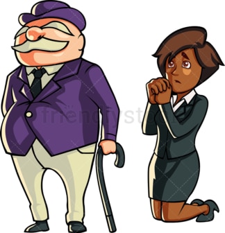 Black businesswoman begging a banker. PNG - JPG and vector EPS file formats (infinitely scalable). Image isolated on transparent background.
