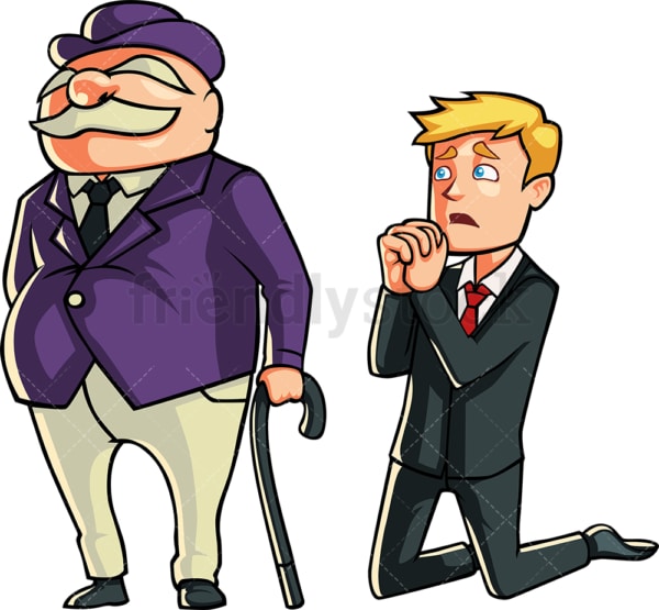 Businessman begging a banker. PNG - JPG and vector EPS file formats (infinitely scalable). Image isolated on transparent background.