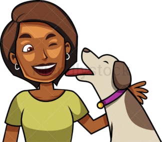 Ecstatic dog giving kisses to black woman. PNG - JPG and vector EPS file formats (infinitely scalable). Image isolated on transparent background.