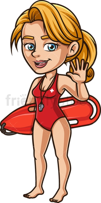 Happy female lifeguard waving. PNG - JPG and vector EPS (infinitely scalable). Image isolated on transparent background.