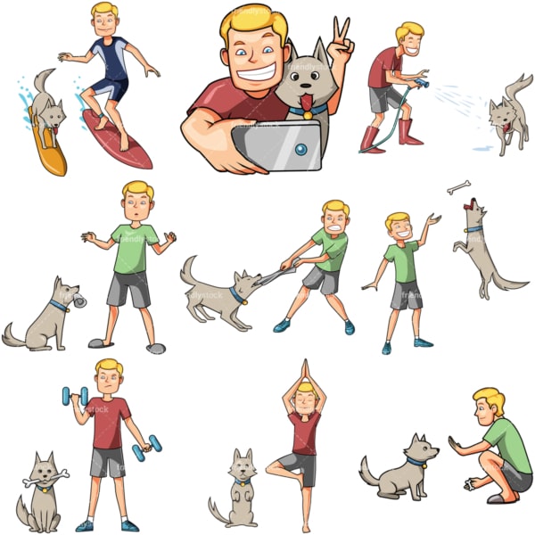 10 vector images of a man having some fun with his dog. PNG - JPG and vector EPS file formats (infinitely scalable). Images isolated on transparent background.