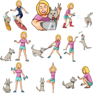 10 vector images of a woman having fun with her dog. PNG - JPG and vector EPS file formats (infinitely scalable). Images isolated on transparent background.
