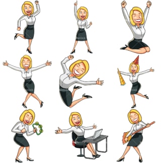 9 vector illustrations of a businesswoman feeling happy. PNG - JPG and vector EPS file formats (infinitely scalable). Images isolated on transparent background.