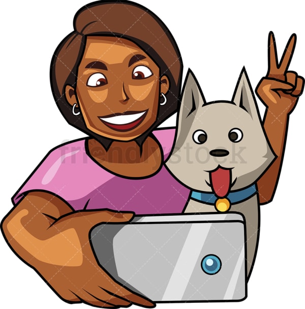Black woman snapping picture with dog. PNG - JPG and vector EPS file formats (infinitely scalable). Image isolated on transparent background.