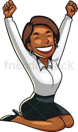 Black businesswoman feeling victorious. PNG - JPG and vector EPS file formats (infinitely scalable). Image isolated on transparent background.