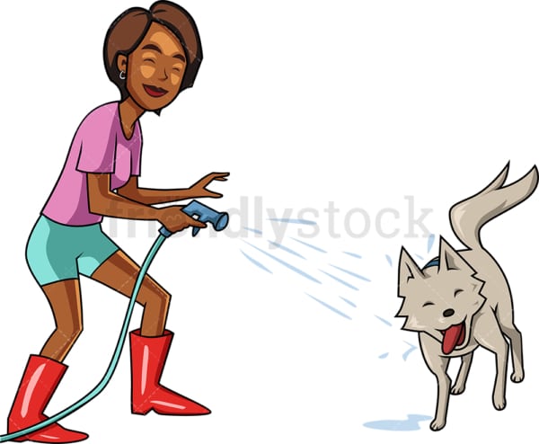 Black woman splashing her dog with water. PNG - JPG and vector EPS file formats (infinitely scalable). Image isolated on transparent background.