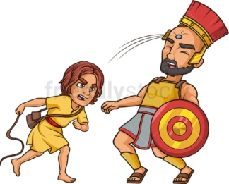 David hitting goliath with sling shot. PNG - JPG and vector EPS (infinitely scalable).